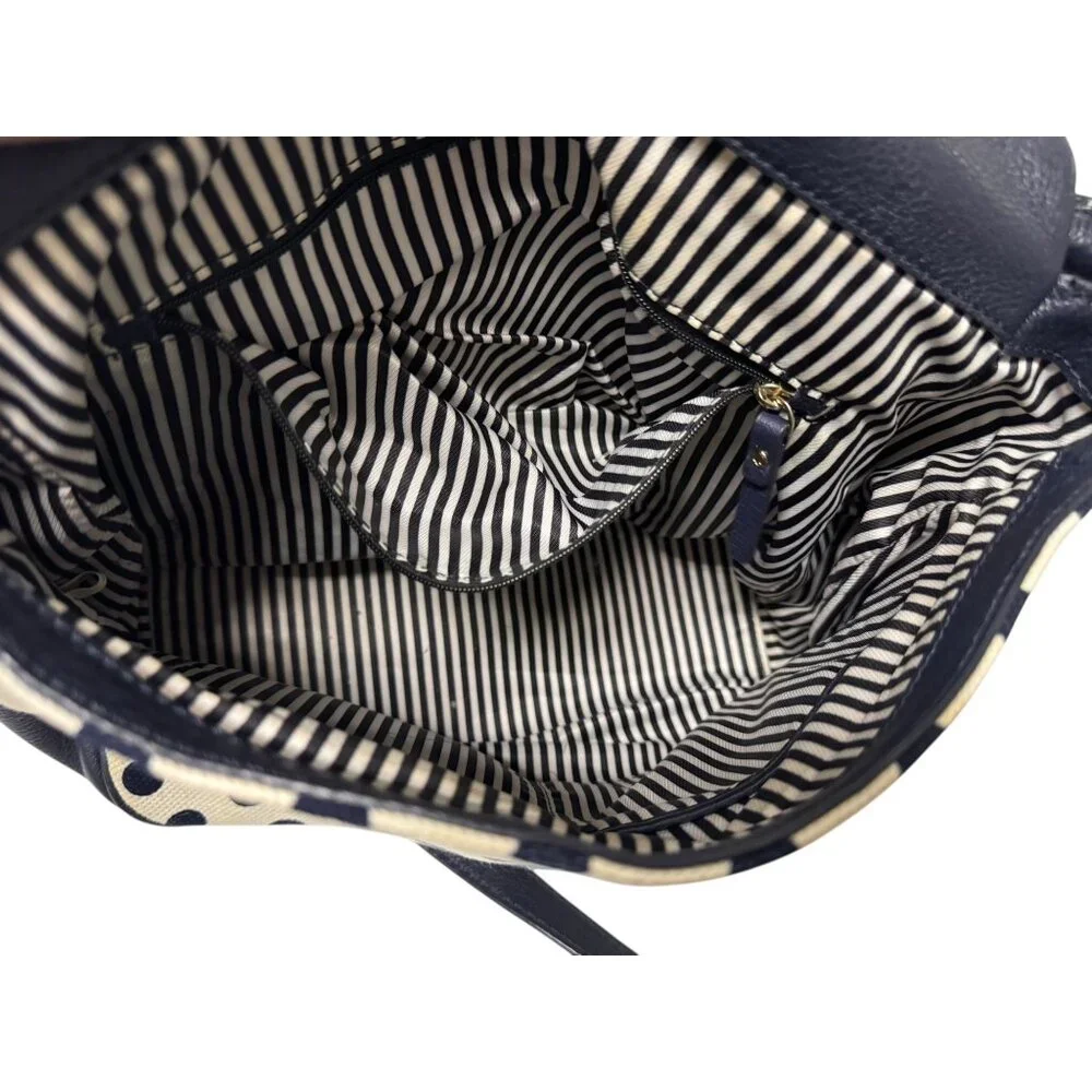 Kate‎ Spade Leather & Canvas Navy Blue And Cream White Polka Dot Shoulder Bag